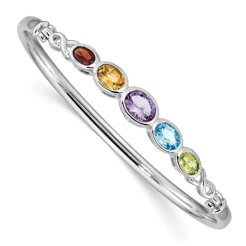 Curata 925 Sterling Silver 7" 11.25mm Multi Genuine Gemstones Hinged Bangle Bracelet