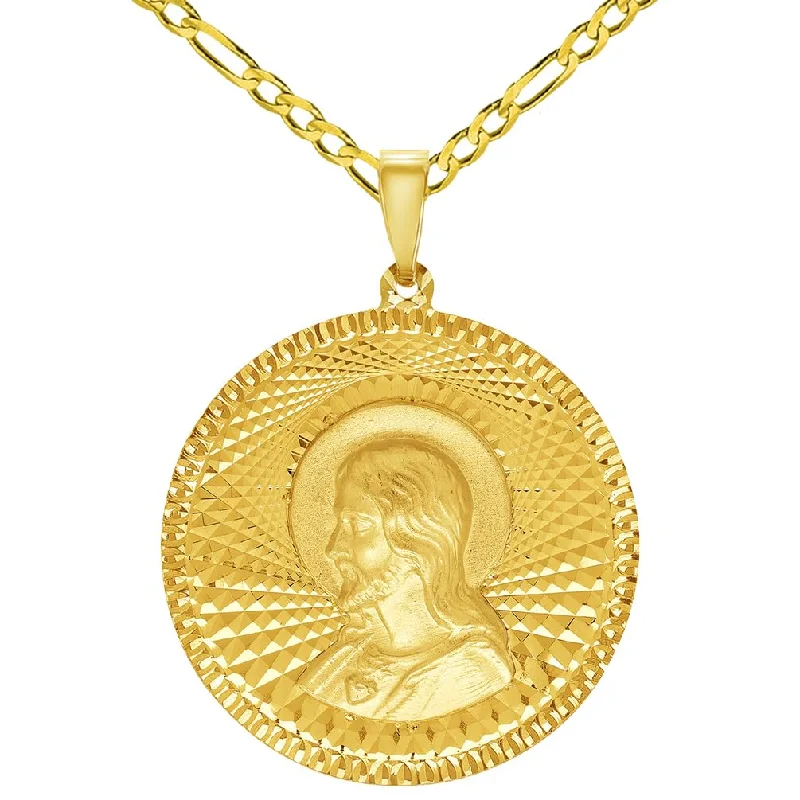 women short necklaces -14k Yellow Gold Round Sacred Heart of Jesus Charm Textured Medallion Pendant with Figaro Chain Necklace - 3 Sizes