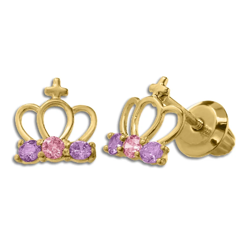 women radiant earrings -Kiddie Kraft 14KT Yellow Gold Cubic Zirconia Stud Tiara Crown Earrings