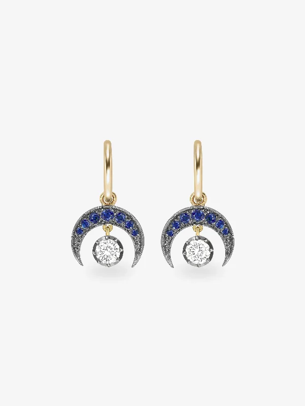 women fashion-forward earrings -Crescent Moon Sapphire & Blackened Gold Gypset Hoop Earrings