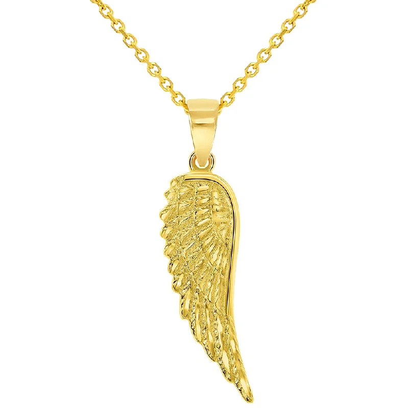 women chic choker necklaces -Solid 14k Yellow Gold Textured Angel Wing Charm Pendant with Cable, Curb or Figaro Chain Necklace