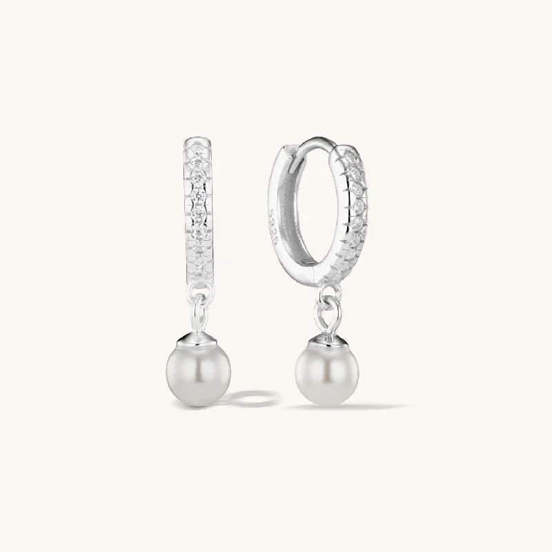 women dangle earrings -Crystal Pearl Hoop Earrings Silver