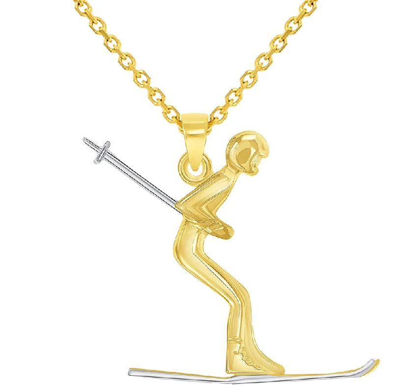 women birthstone necklaces -14k Yellow Gold 3D Snow Skier Skiing Two Tone Sports Pendant With Cable, Curb or Figaro Chain Necklace