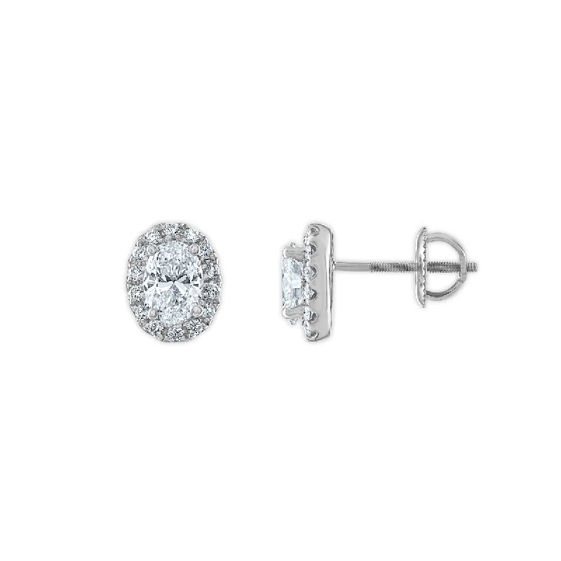 women gemstone earrings -Signature EcoLove 1 1/4 CTW Lab Grown Diamond Halo Stud Oval Shaped Earrings in 14KT White Gold