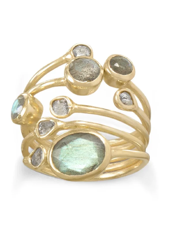 women pave engagement rings -Labradorite and Polki Diamond Ring Stacked Layered Gold-plated Sterling Silver