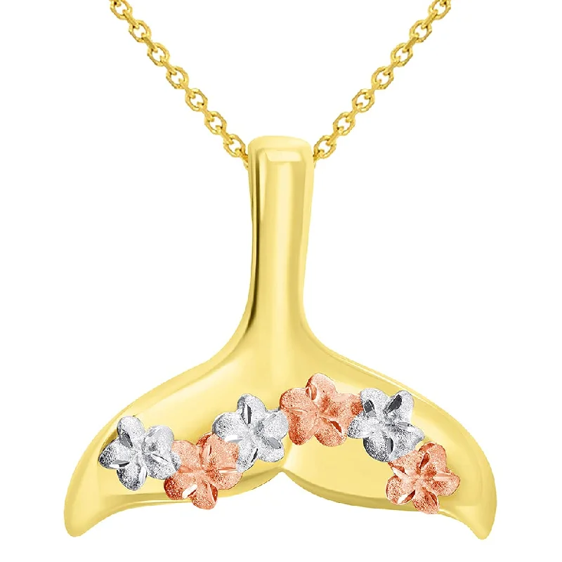 women sparkling necklaces -14k Yellow and Rose Gold Tri-Tone Dolphin Tail Fin Hawaiian Plumeria Flowers Pendant With Cable, Curb or Figaro Chain Necklace