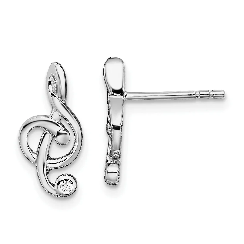 women everyday earrings -Sterling Silver Cubic Zirconia 14X7MM Stud Treble Clef Earrings