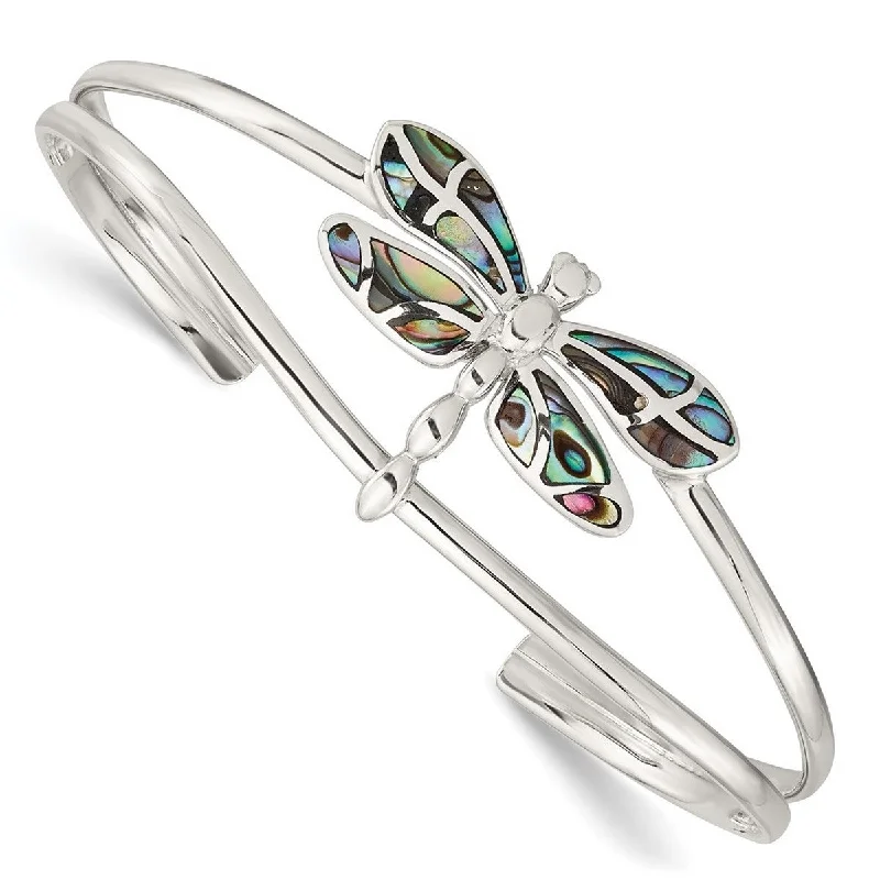 Curata 925 Sterling Silver Abalone Dragonfly Adjustable Cuff Bangle Bracelet