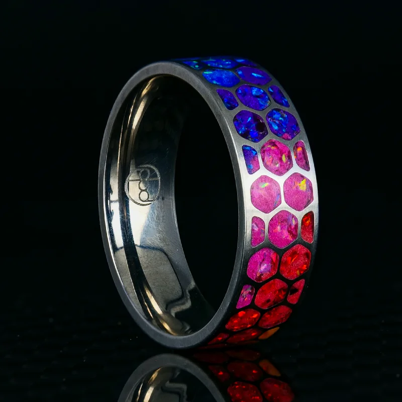 women eco-friendly bracelets -Hexagon Prismatic Opal Glowstone Ring on Titanium