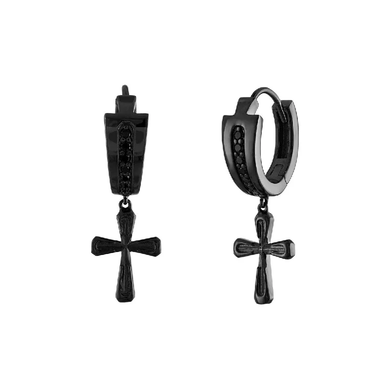 women high-end earrings -Bulova Black Ruthenium Plated Sterling Silver and Diamond Cross Earrings