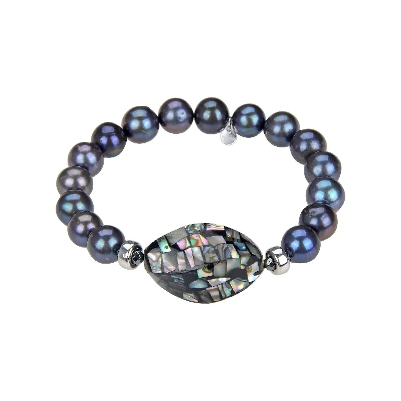 Sterling Silver with Abalone Shell, Hematite and Pearl Stretchable Bracelet