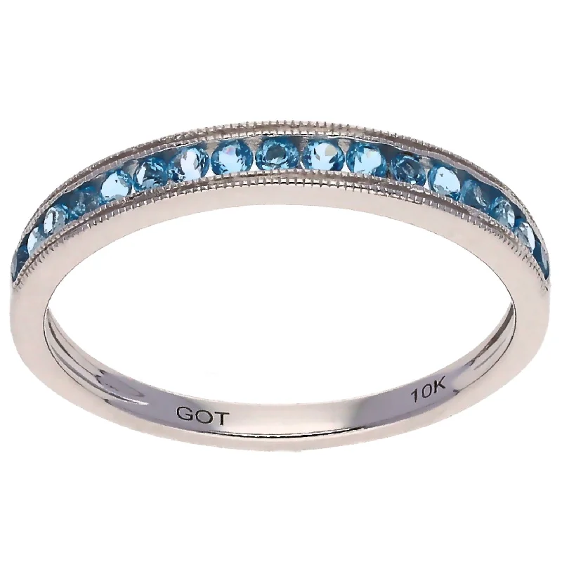 women rose gold bracelets -10K White Gold Round Blue Topaz Stackable Band Ring