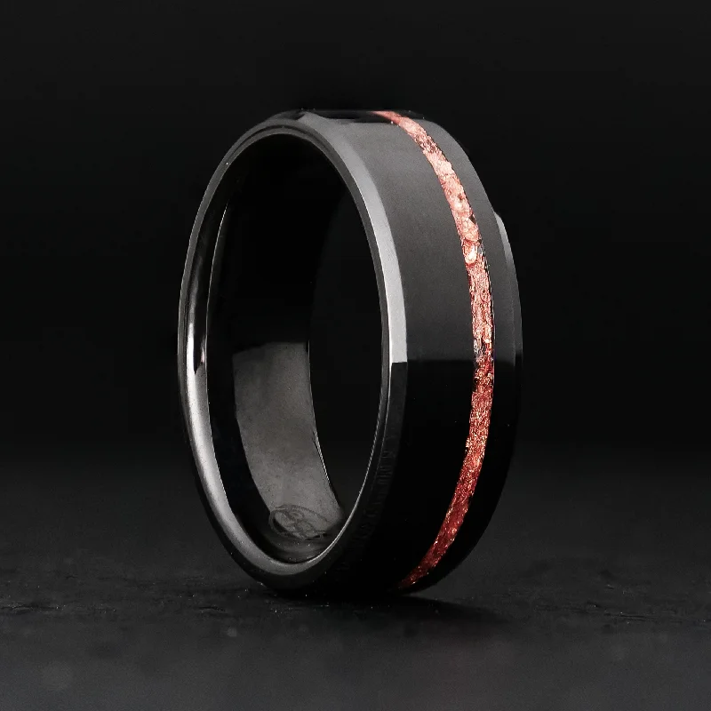 women gold plated bangles -Rose Gold Leaf Ring on Black Ceramic | Offset Inlay