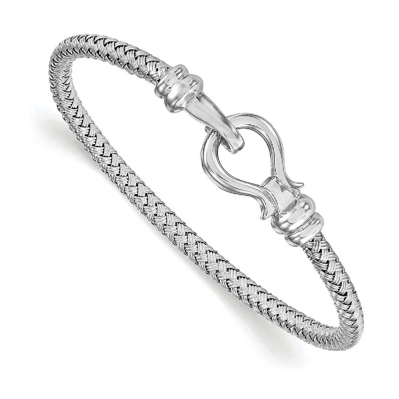 Curata 925 Sterling Silver 7" Rhodium Woven Horseshoe Hook Bangle Bracelet