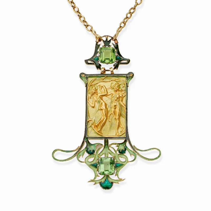 women custom name necklaces -René Lalique 18K Gold Peridot and Enamel Dancing Figures Pendant Necklace