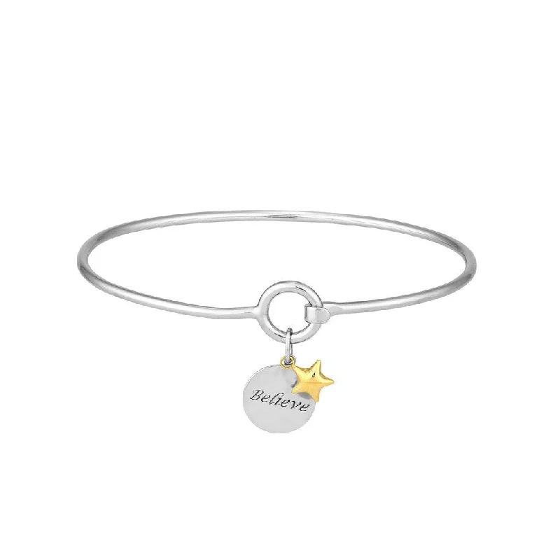 Curata 925 Sterling Silver 14k Gold Star BELIEVE Disk Hook Stackable Bangle Bracelet