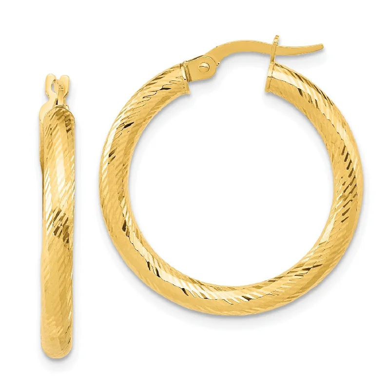 women handcrafted earrings -14KT Yellow Gold 3X25MM Diamond-cut Hoop Earrings