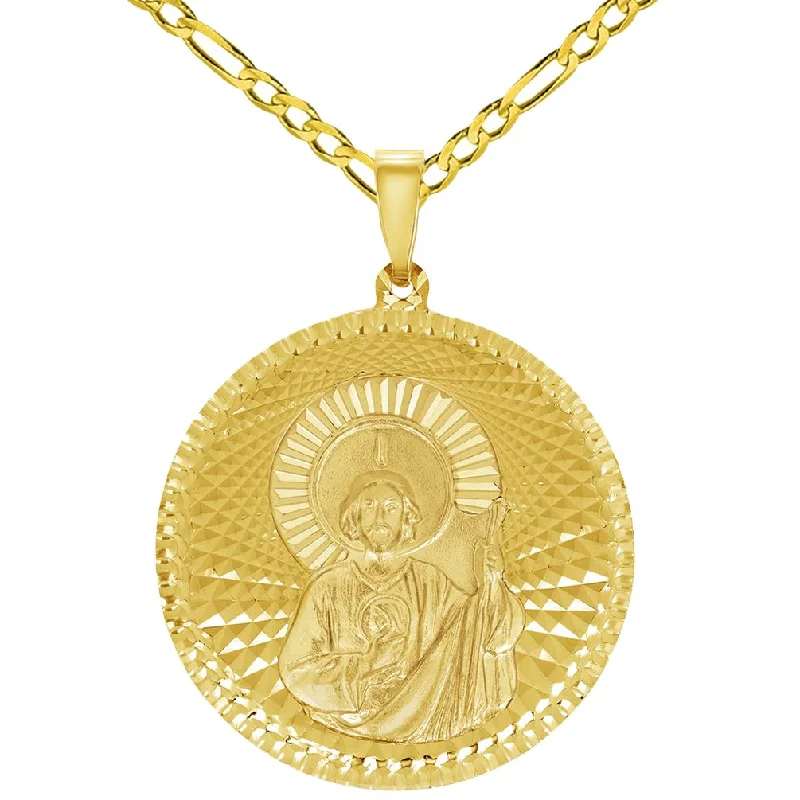 women eternity necklaces -14k Yellow Gold Round Shaped Saint Jude Charm Textured Medallion Pendant with Figaro Chain Necklace - 4 Sizes