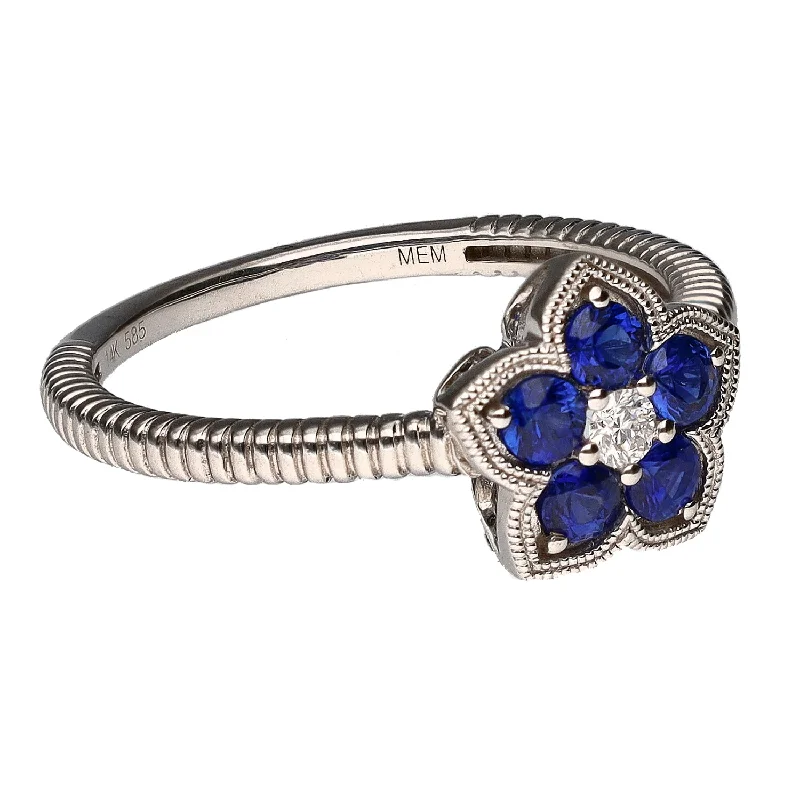 women boho bracelets -14K White Gold Sapphire & Diamond Flower Shaped Fashion Ring