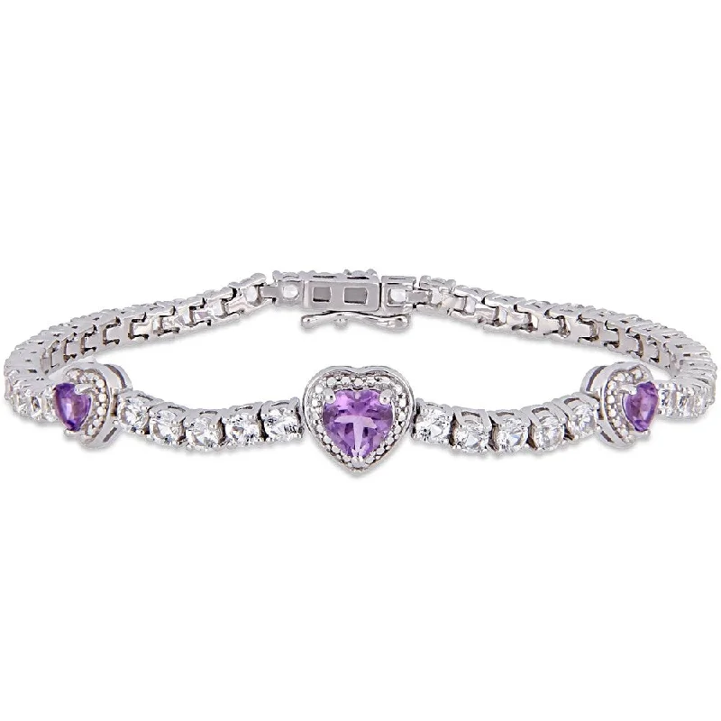 Miadora Sterling Silver Amethyst and Created White Sapphire Triple Heart Tennis Bracelet