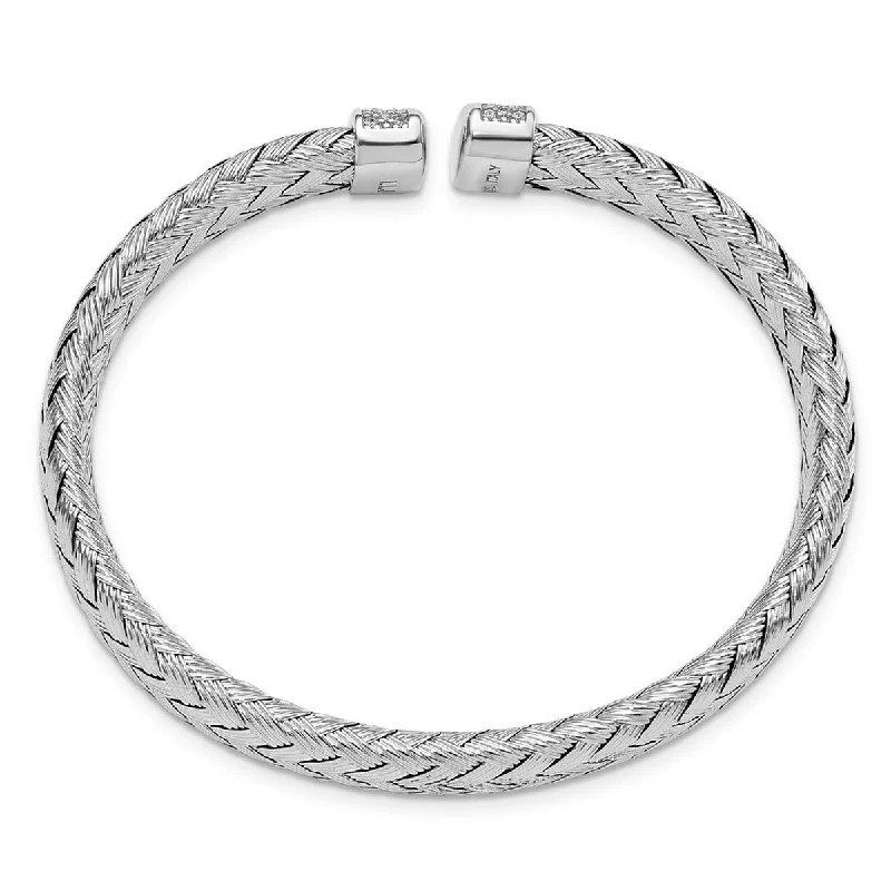 Curata 925 Sterling Silver Cubic Zirconia Woven Flexible Cuff Stackable Bangle Bracelet