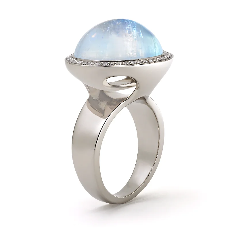 women halo engagement rings -Steller Rainbow Moonstone and Diamond Ring