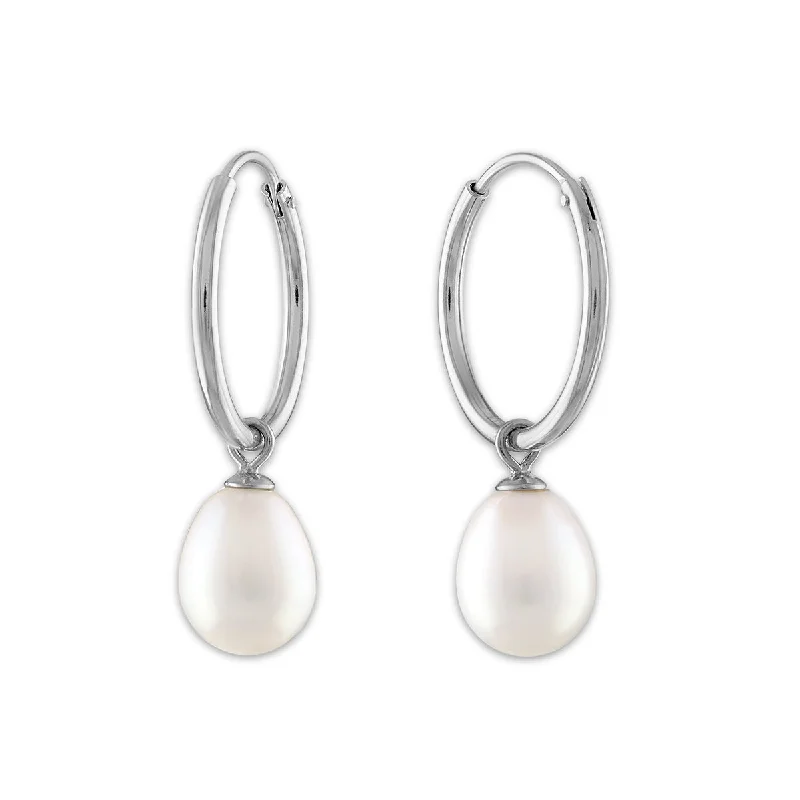 women luxury gold earrings -Round Pearl Hoop Drop & Dangle 6-7.5MM Earrings in Rhodium Plated Sterling Silver