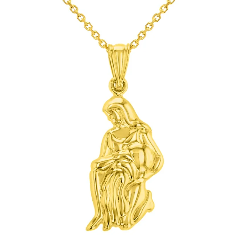 women simple chain necklaces -High Polish 14k Yellow Gold 3D Aquarius Water-Bearer Zodiac Sign Charm Pendant With Cable, Curb or Figaro Chain Necklace