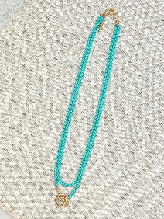 women boho necklaces -Enamel Box Chain Layered Necklace - Turquoise