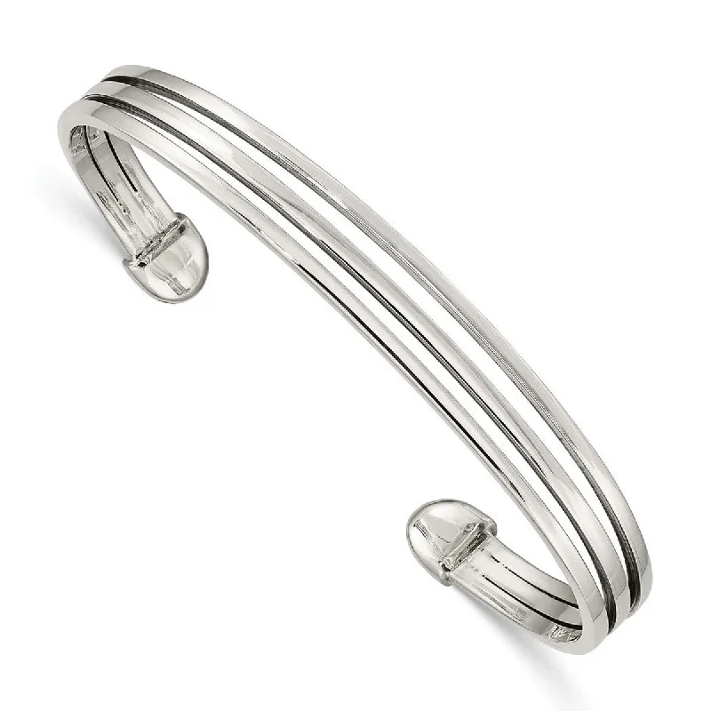 Curata 925 Sterling Silver 8mm Three Row Flat Adjustable Cuff Stackable Bangle Bracelet