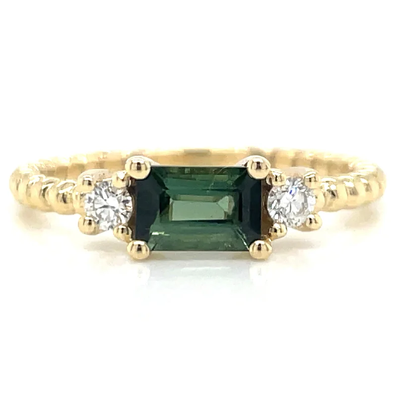 women emerald solitaire engagement rings -9ct Yellow Gold Earth Grown Horizontal Green Tourmaline & Diamond Ring