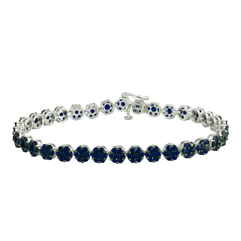 Sterling Silver with Blue Sapphire Flower Line Bracelet - 7.25"