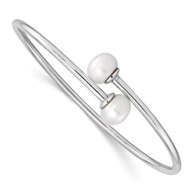 Curata 925 Sterling Silver Rhodium 10mm White Cultured Pearl Flexible Cuff Bangle Bracelet